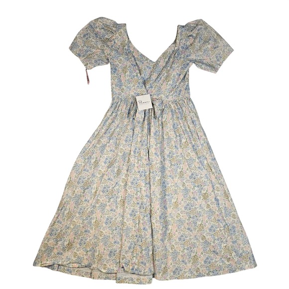Daze Dayz Dresses & Skirts - Daze Dayz Floral Cotton Puff Sleeve Midi Dress Blue Pink Green Size M NWT